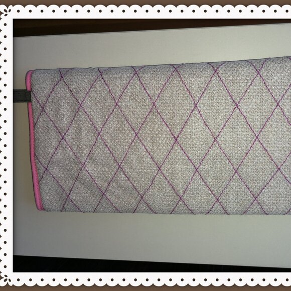 SOFT CREAM CANVAS PURPLE STITCHES SMALL PURSE LARGE WHITE PEARL BUTTON HANDMADE - Picture 2 of 5